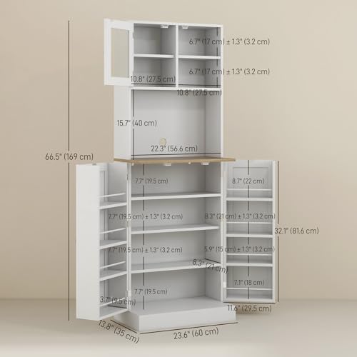 White Kitchen Pantry Cabinet with Microwave Shelf and 8 Door Storage J6451