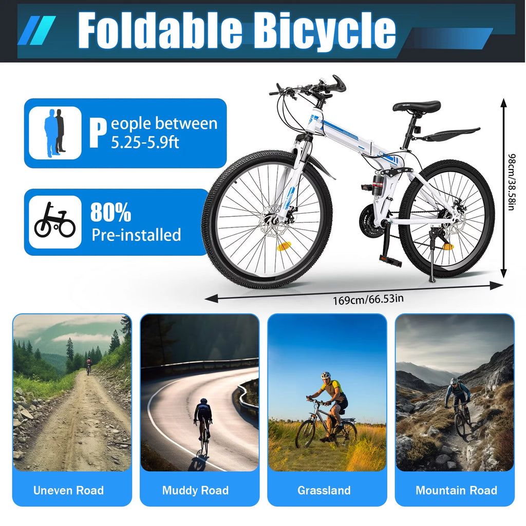 26 Mountain Folding Bike 21-Speed Dual-Disc Brake High-Carbon Steel Bicycle M535