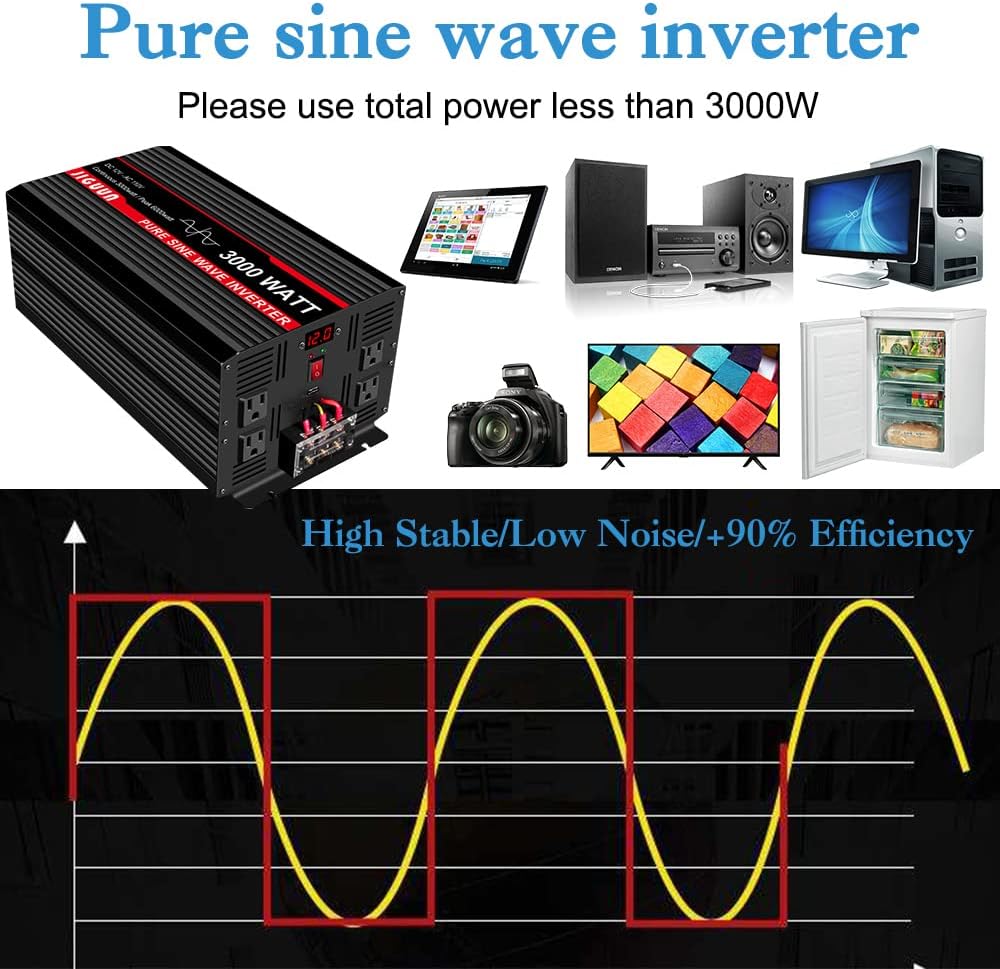 3000 Watt Pure Sine Wave Power Inverter 12V DC to 110V AC with 4 AC Outlets and USB Port O31206