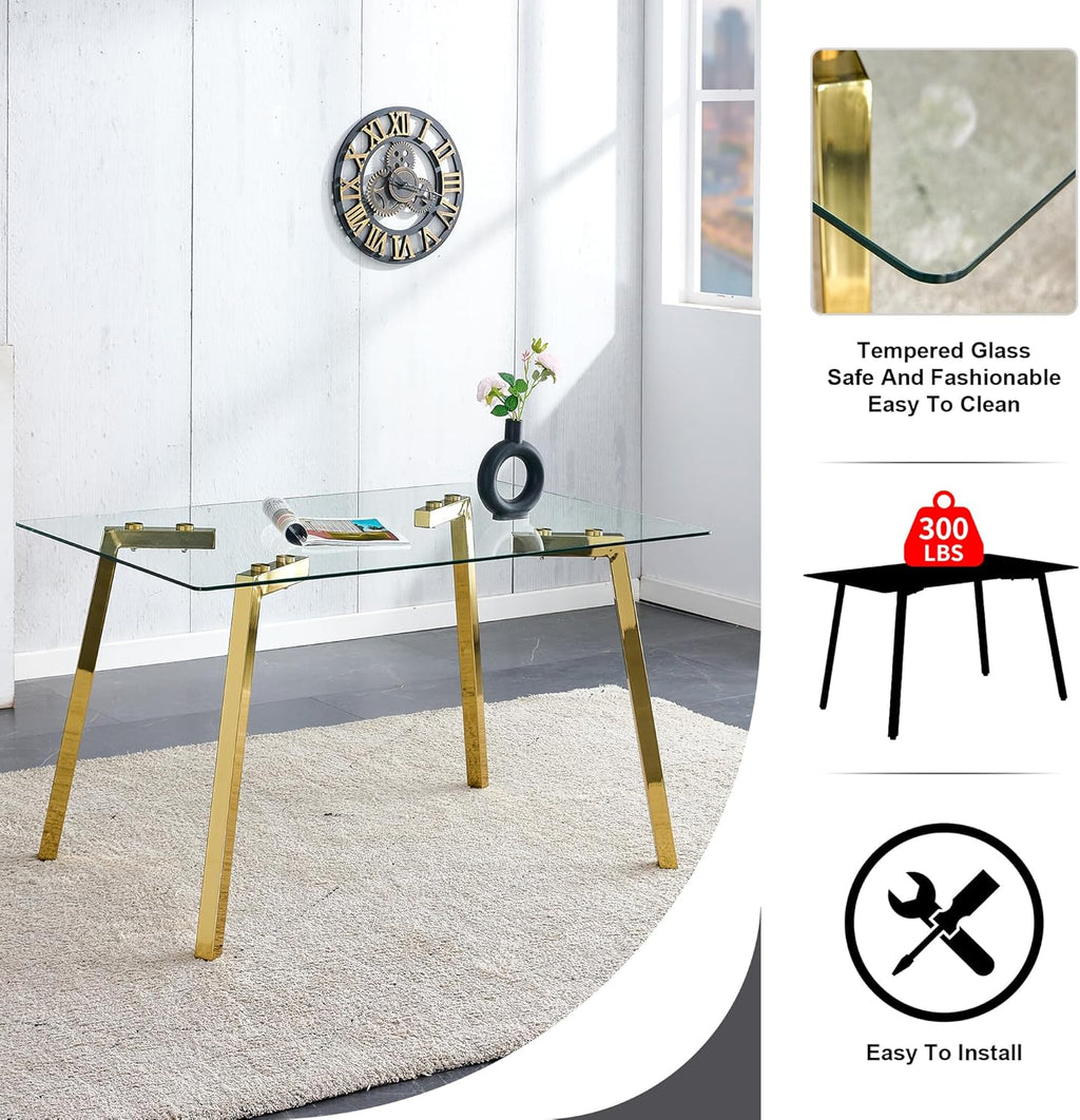 7 PCS Clear Glass Dining Table Set with Beige Woven Chairs Q28275