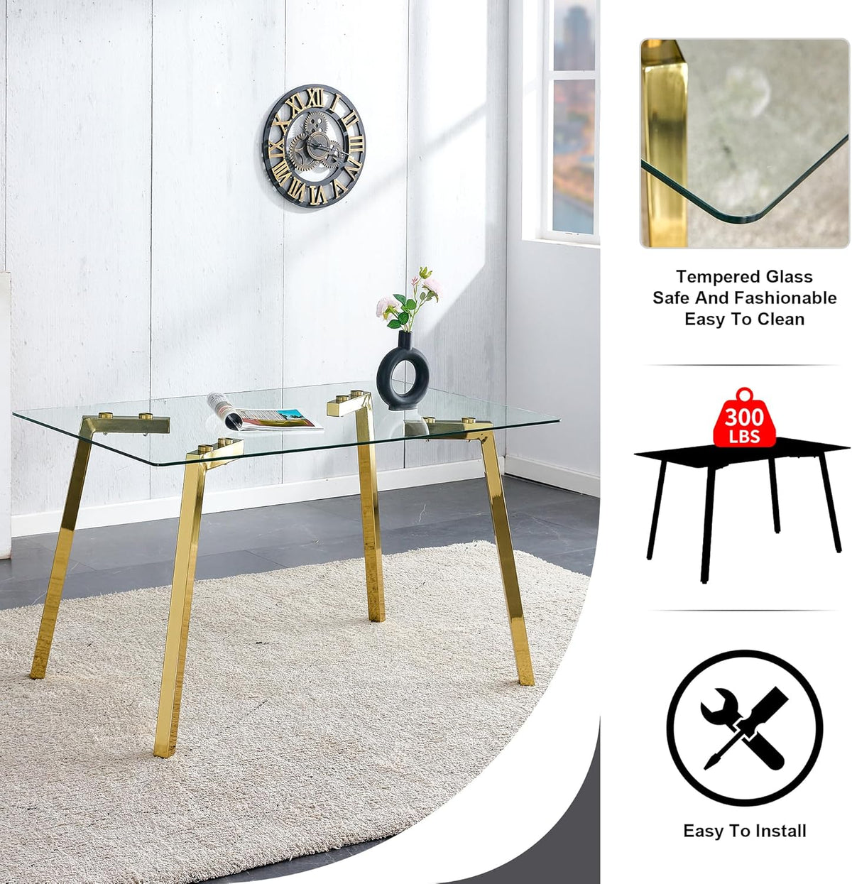 7 PCS Clear Glass Dining Table Set with Beige Woven Chairs Q28275