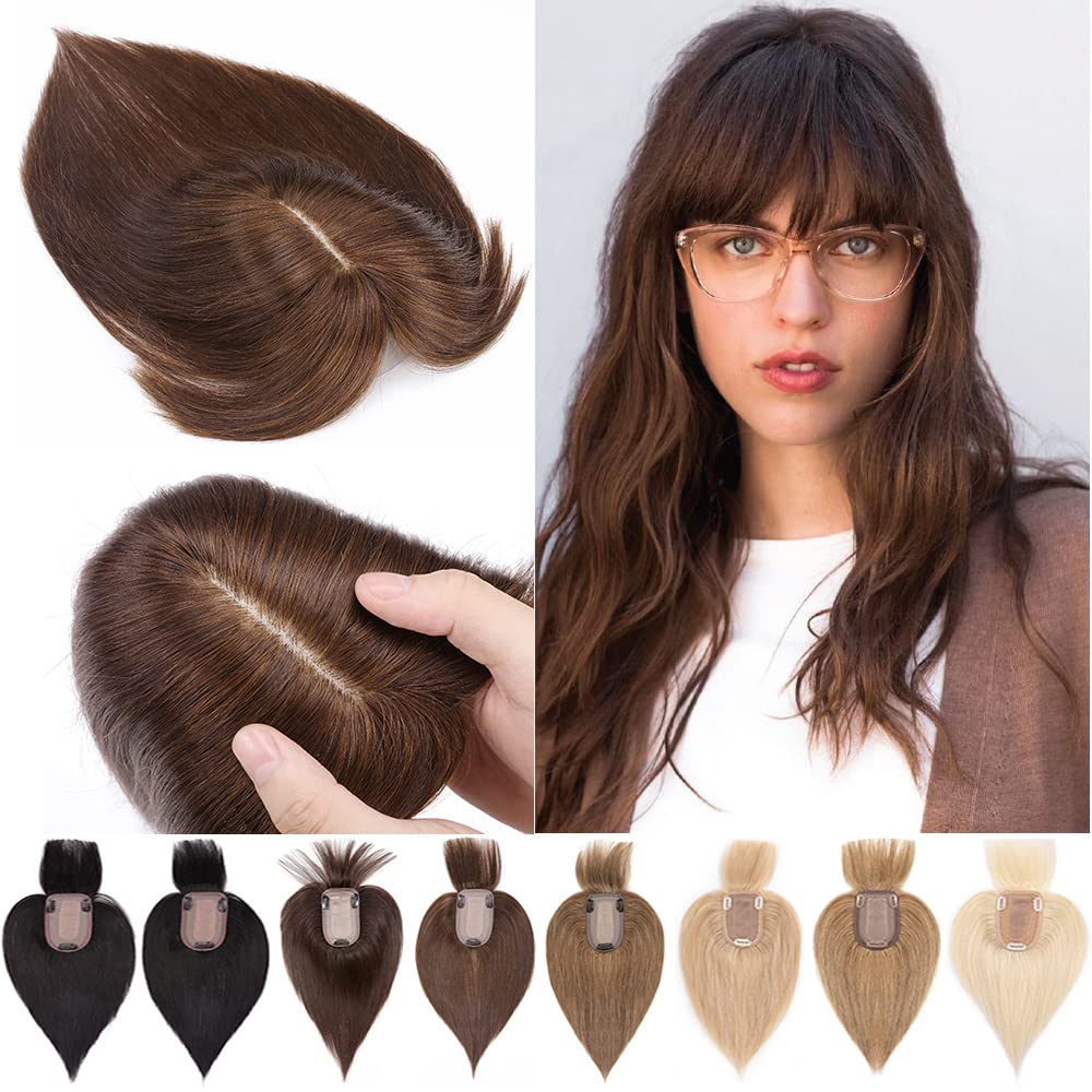 100% Real Human Hair Toppers with Bangs Silk Base 150% Density Clip in Topper 2.7”x5.1” Hair Pieces X66641
