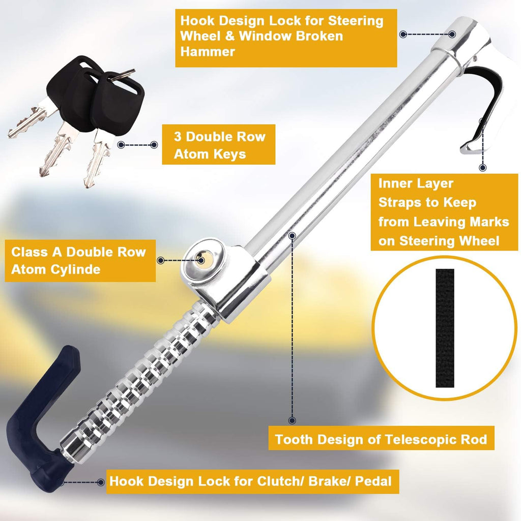 Universal Steering Wheel Brake Lock Retractable Double Hook Car Clutch Pedal Lock with 3 Keys F469379