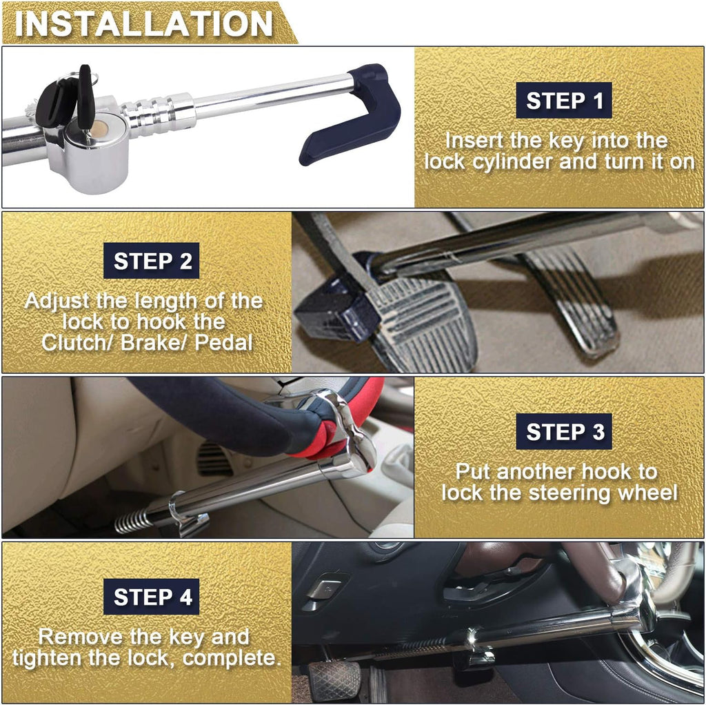 Universal Steering Wheel Brake Lock Retractable Double Hook Car Clutch Pedal Lock with 3 Keys F469379
