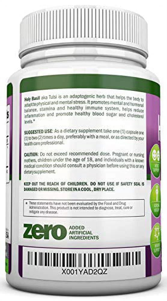 120 Vegan Capsules Holy Basil Leaf Extract 500mg 2.5% Ursolic Acid E130