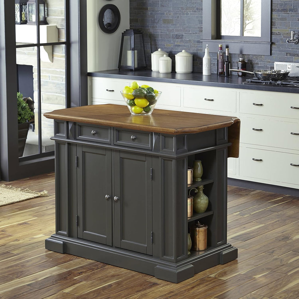 Black and Oak Kitchen Island with Wood Top and Drop Leaf Breakfast Bar S401404
