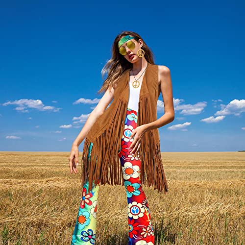 7 Pcs Hippie Costume Set with Flared Pants Fringe Vest Peace Sign Accessories G824636