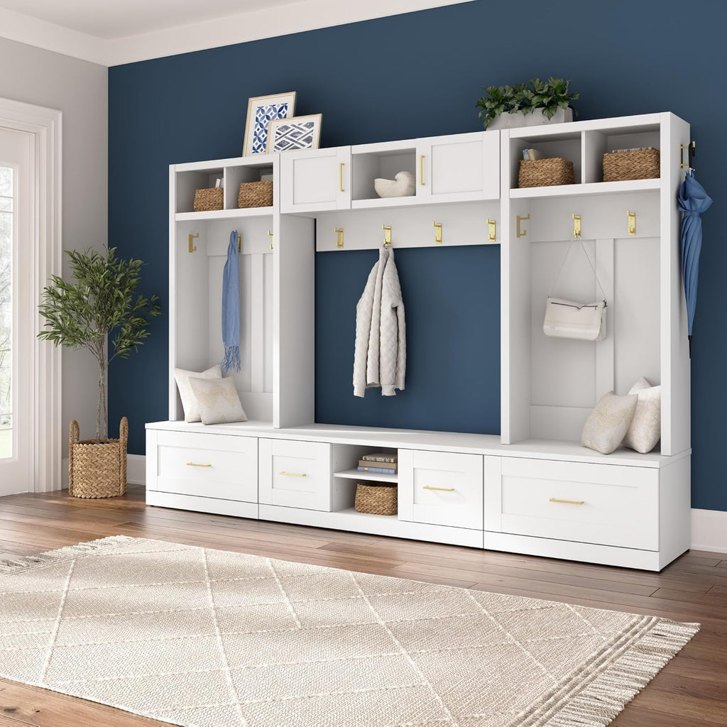 White Full Entryway Storage Set with Coat Rack and Shoe Benches M7905
