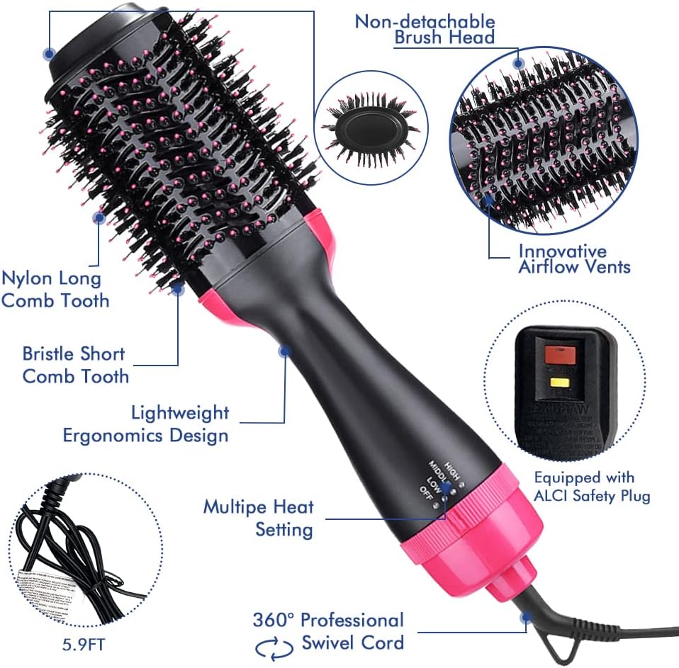 4 in 1 Negative Ion Hot Air Hair Dryer Brush with Hair Clips Massage Comb and Storage Bag K650093