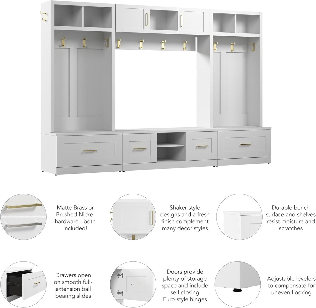 White Full Entryway Storage Set with Coat Rack and Shoe Benches M7905