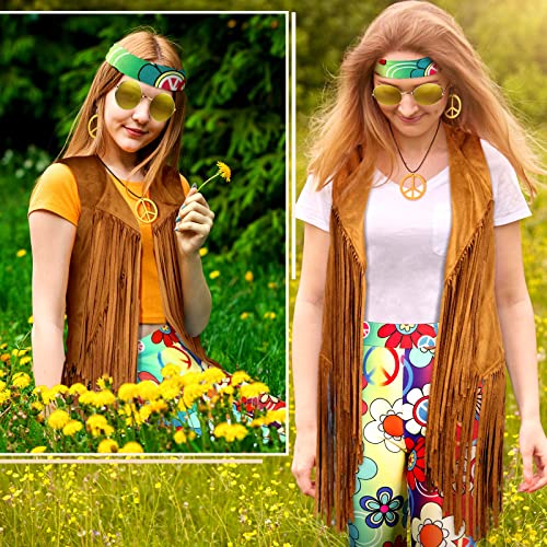 7 Pcs Hippie Costume Set with Flared Pants Fringe Vest Peace Sign Accessories G824636