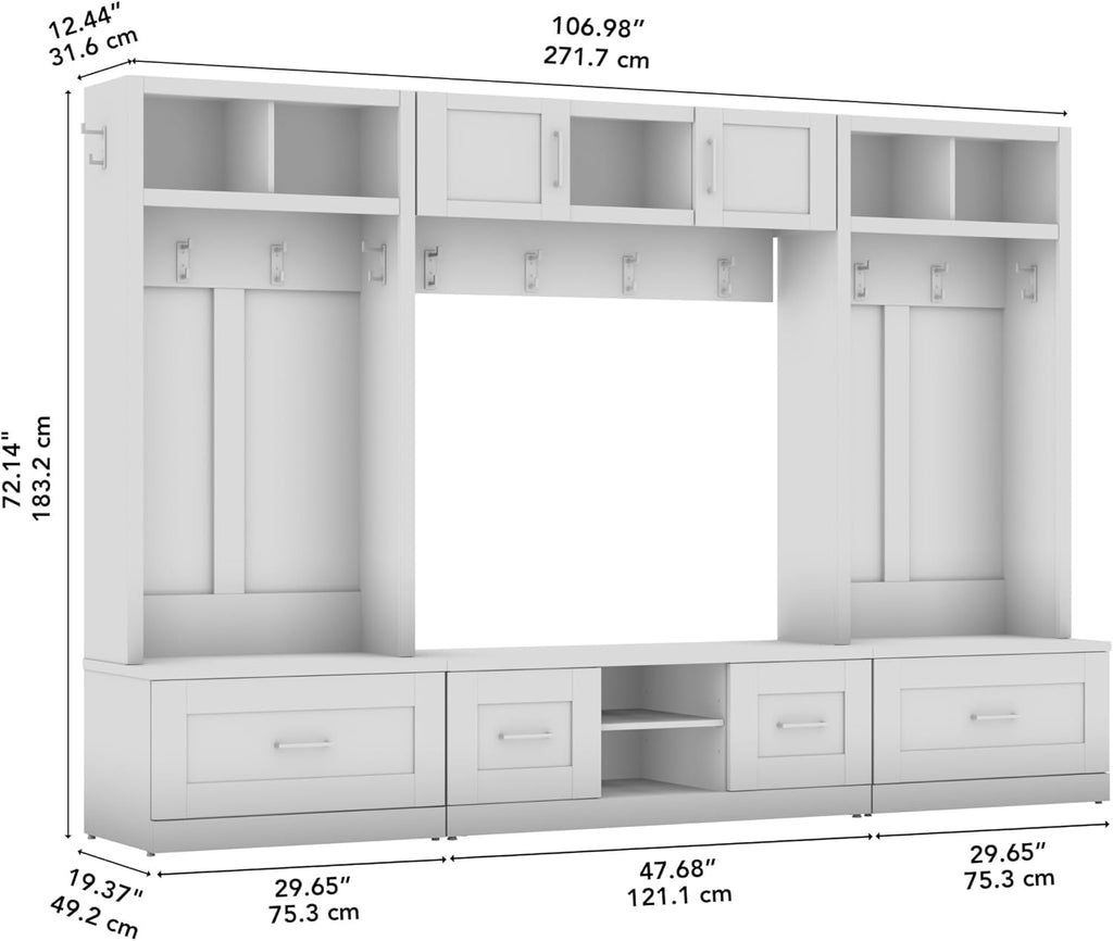 White Full Entryway Storage Set with Coat Rack and Shoe Benches M7905