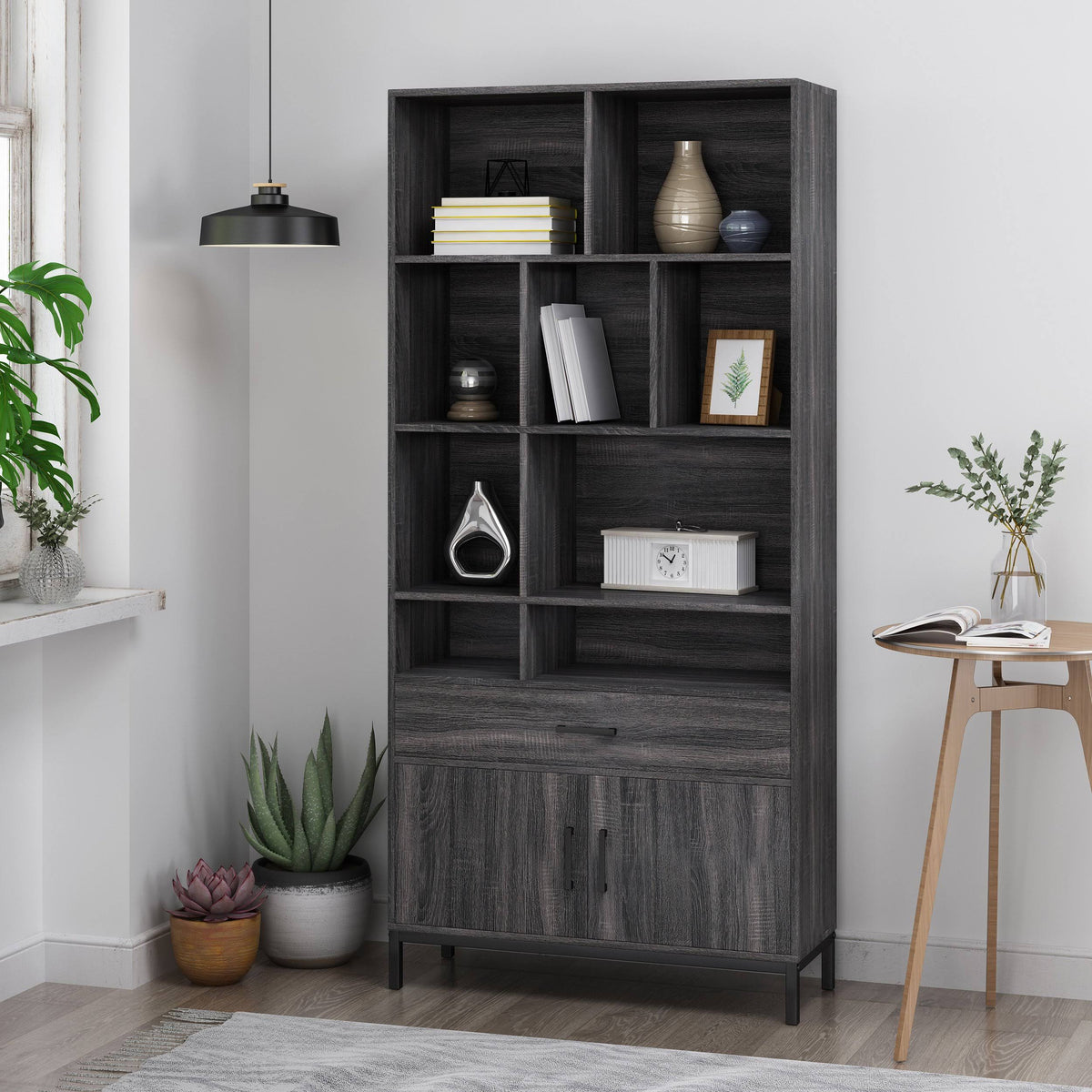 Dark Gray Black Faux Wood Cube Bookcase P53402