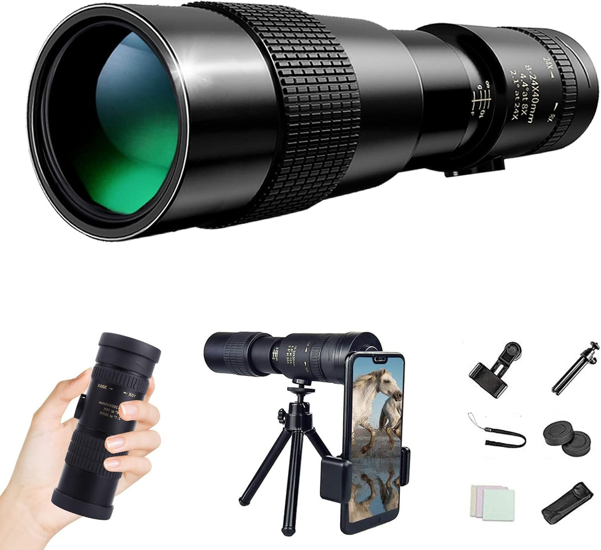 4k 10-300x40mm Super Telephoto Zoom Monocular Telescope with Phone Adapter Tripod I9783
