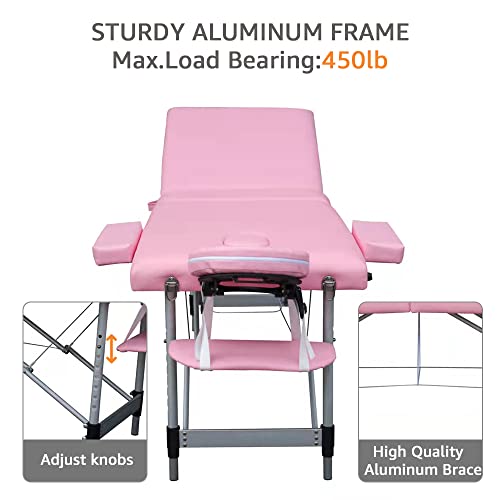 Pink 84in 3 Folding Aluminum Frame Portable Massage Bed E6110
