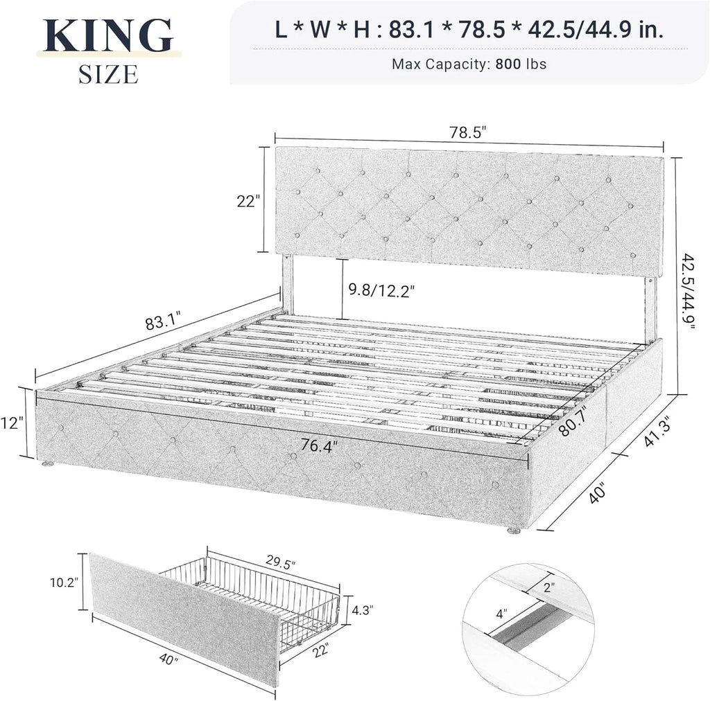 King Size Upholstered Platform Bed Frame with 4 Storage Drawers and Headboard J438930