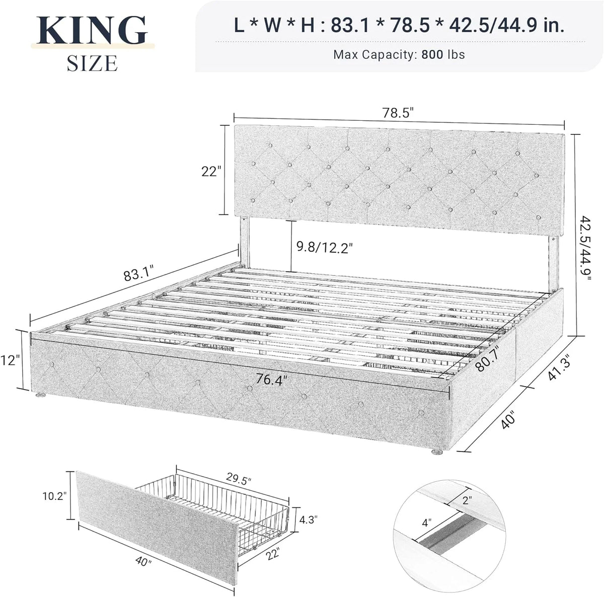 King Size Upholstered Platform Bed Frame with 4 Storage Drawers and Headboard J438930