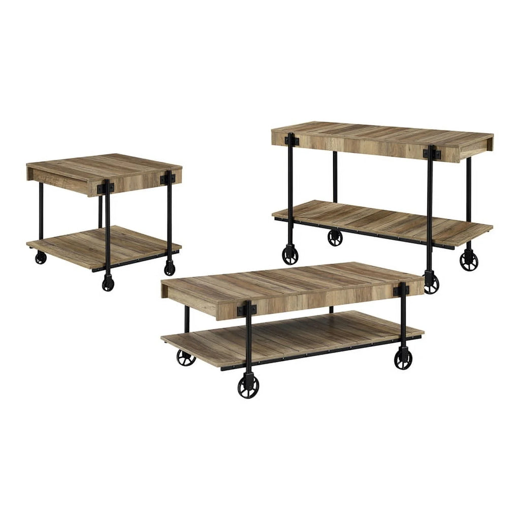 Rustic Oak 3-Piece Coffee Table Set with Wheels T417