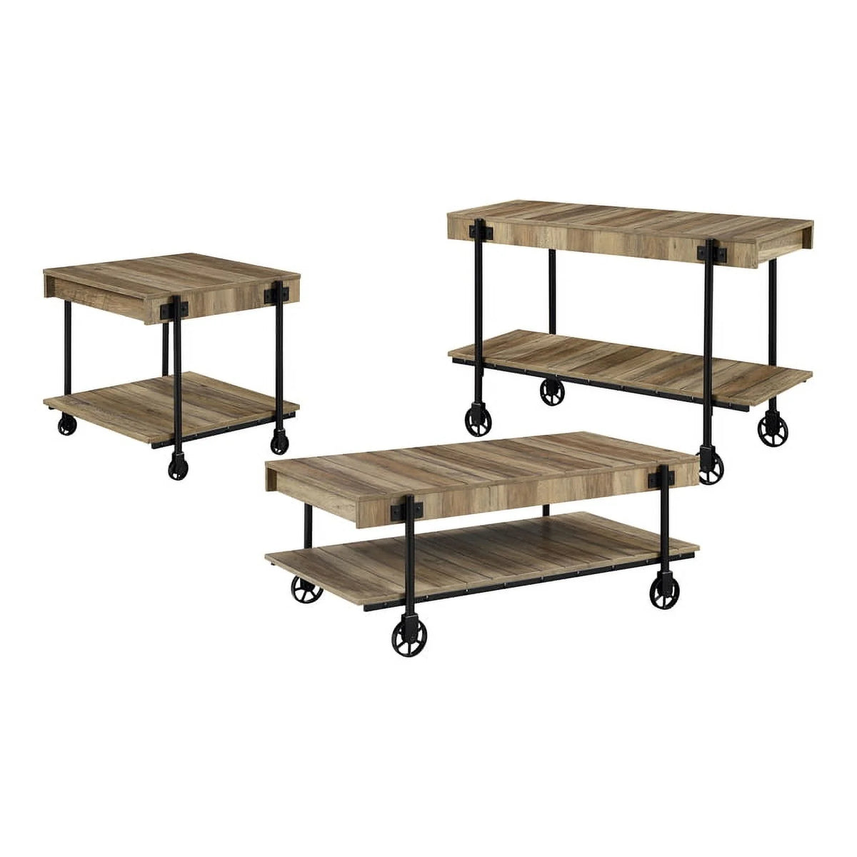 Rustic Oak 3-Piece Coffee Table Set with Wheels T417