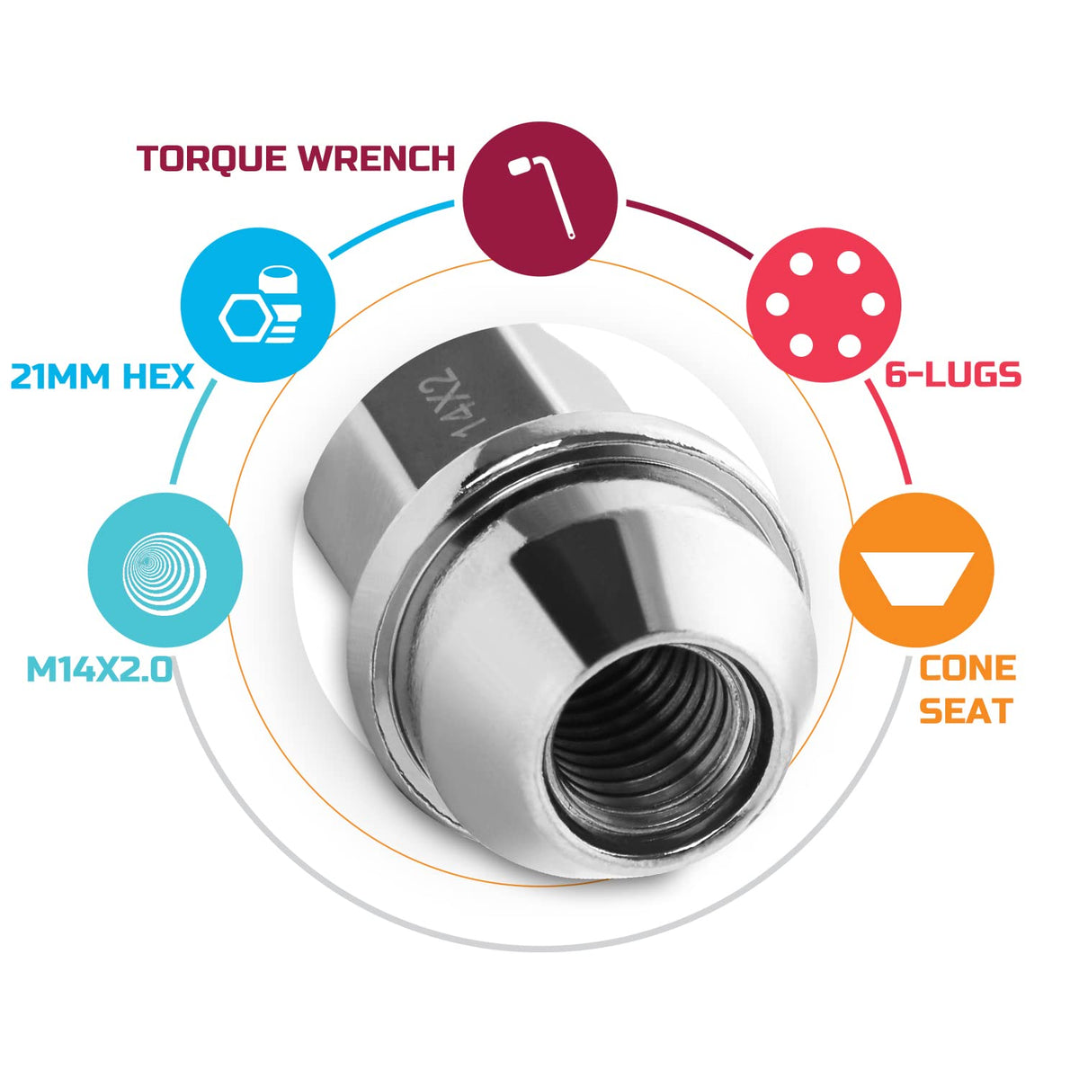 24pcs Chrome Cone Seat Lug Nuts M14x2.0 C8063