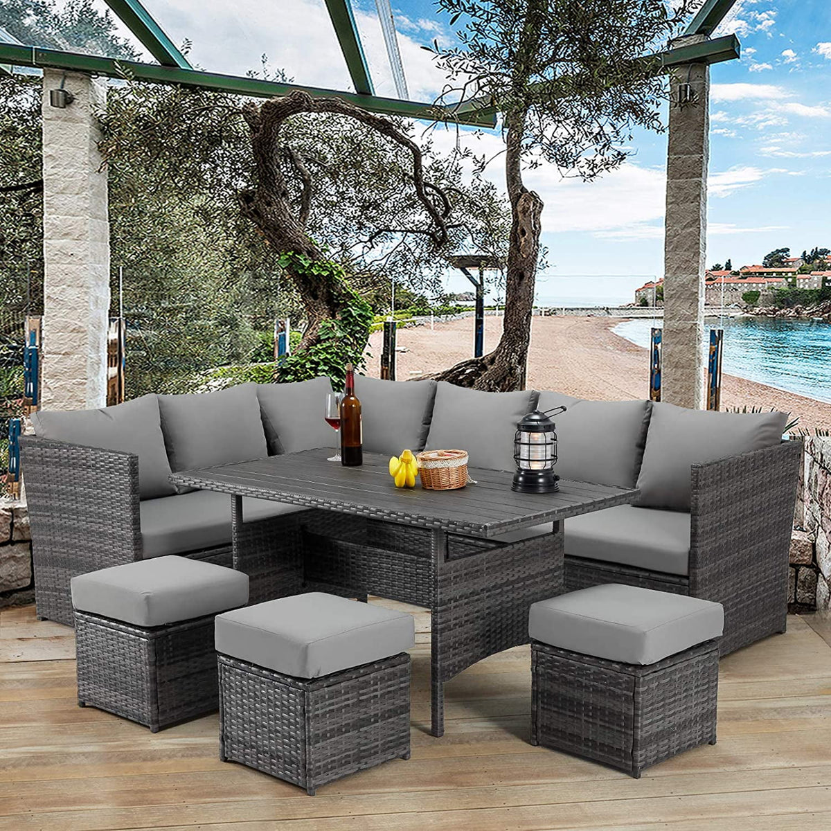 7 Piece Outdoor Sectional Sofa Rattan Wicker Dining Furniture O68575