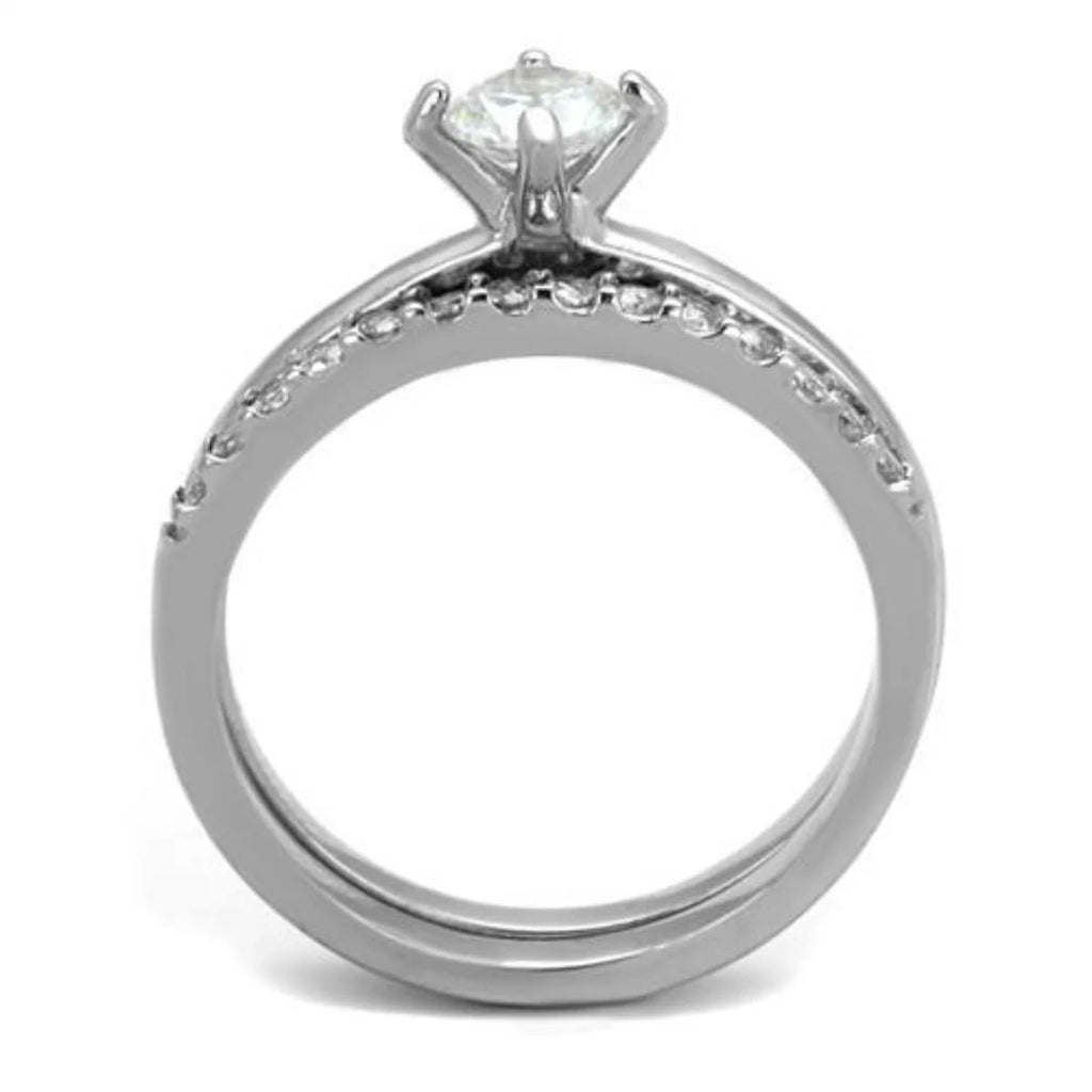 2-Piece Stainless Steel Wedding Ring Set with Round Cubic Zirconia Q32990