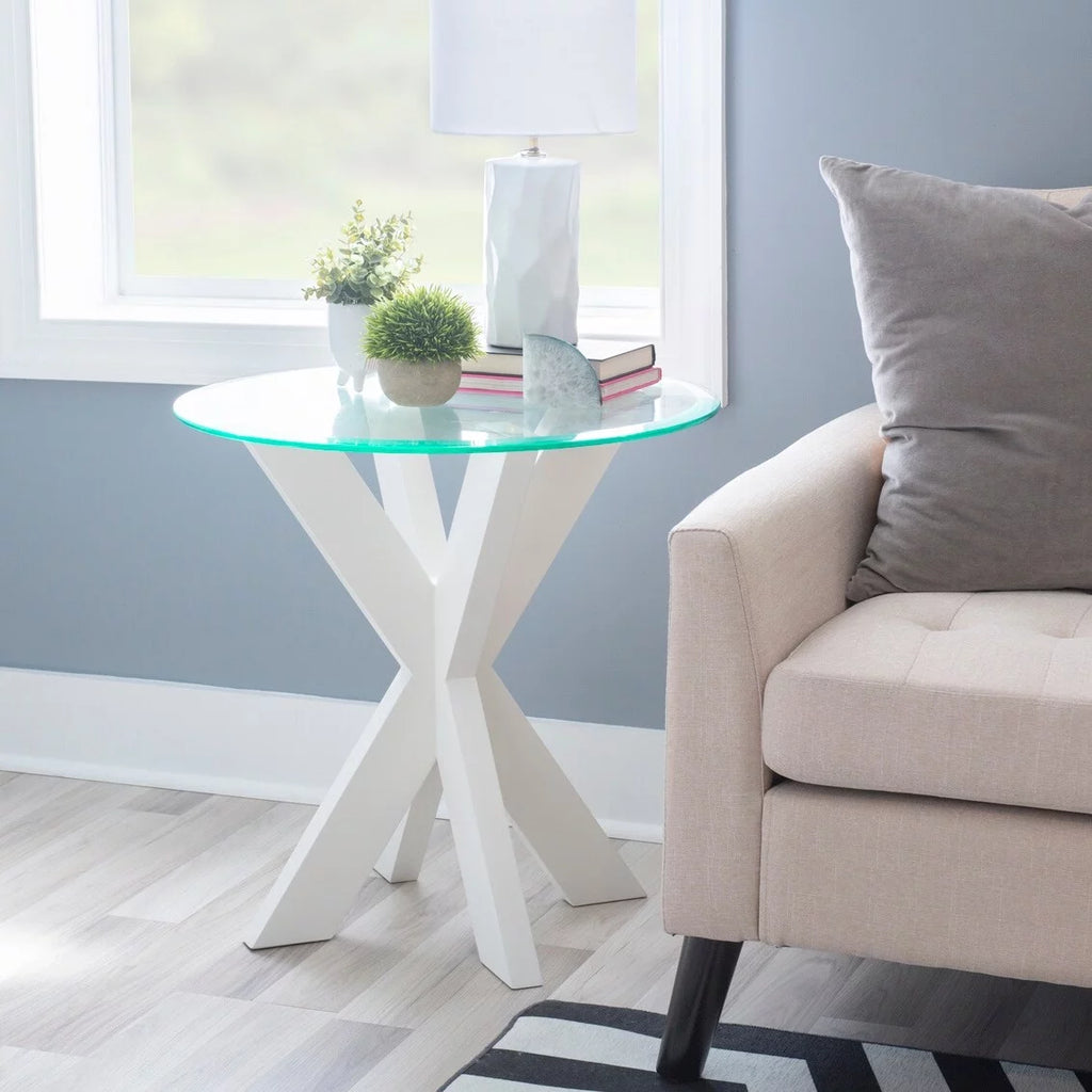 White Painted Glass Top Side Table Y2376