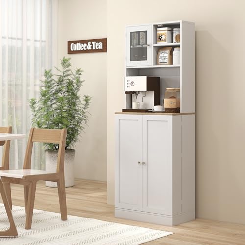 White Kitchen Pantry Cabinet with Microwave Shelf and 8 Door Storage J6451