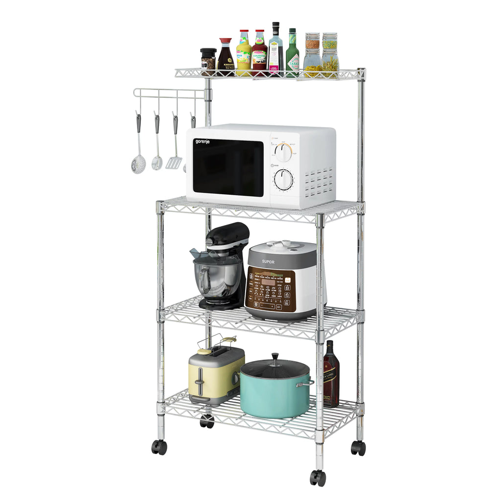 4-Tier Chrome Kitchen Storage Rack with Hanging Hooks U6796