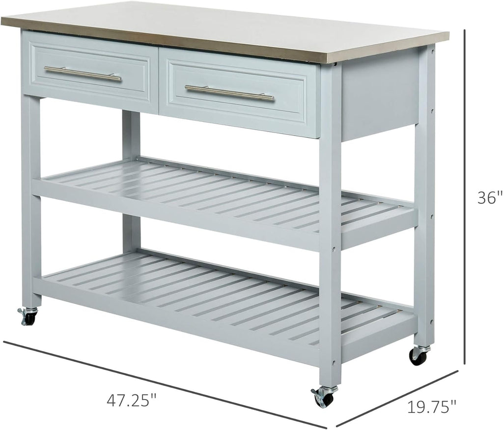 Grey Stainless Steel Top Rolling Utility Cart with Drawers and Shelves T55138