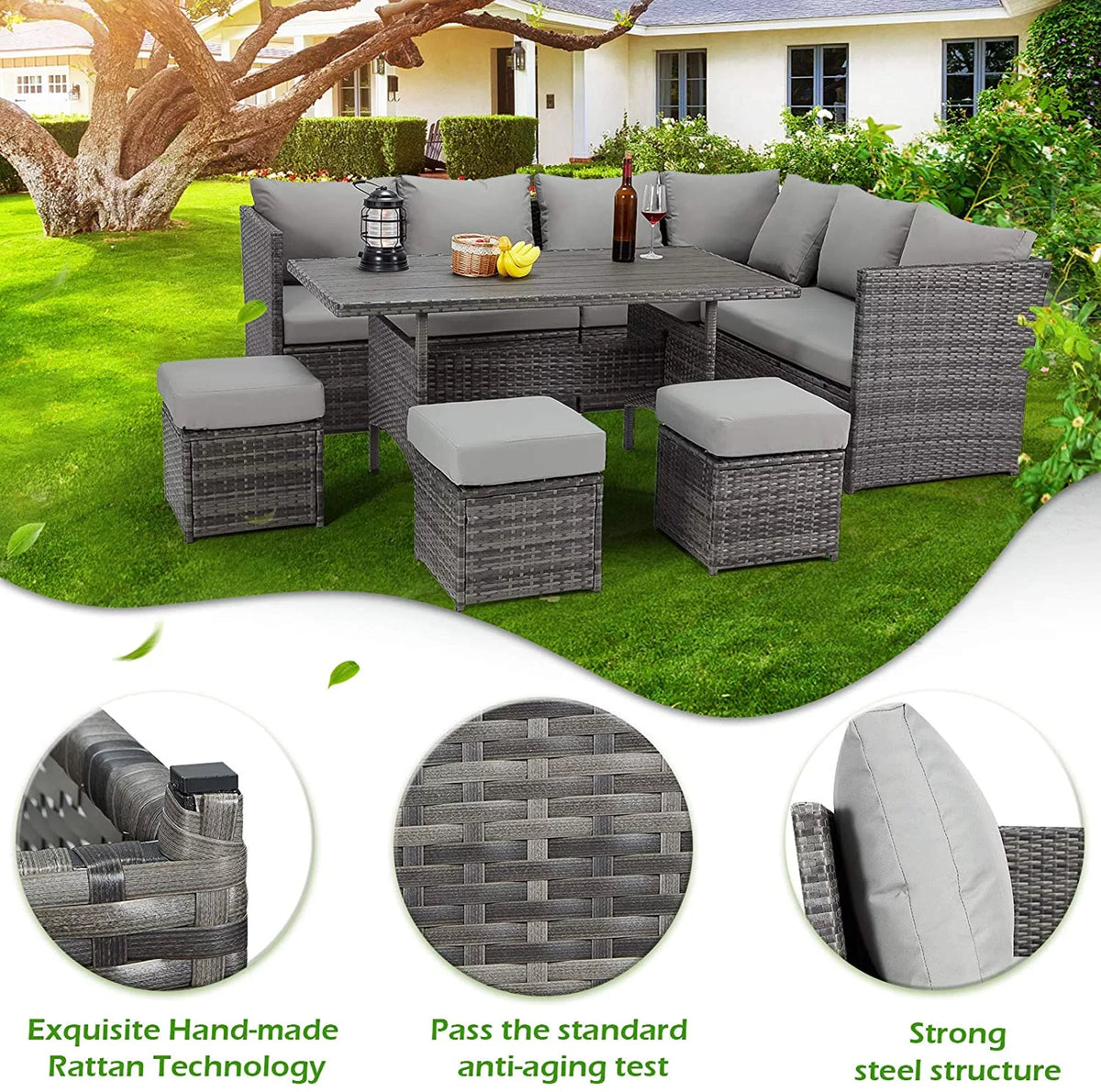 7 Piece Outdoor Sectional Sofa Rattan Wicker Dining Furniture O68575