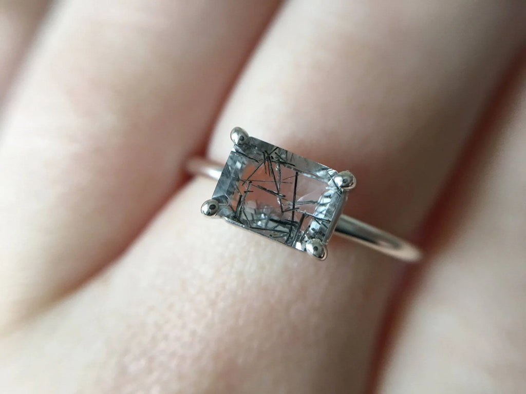 Black Rutilated Quartz Emerald Cut Ring S730