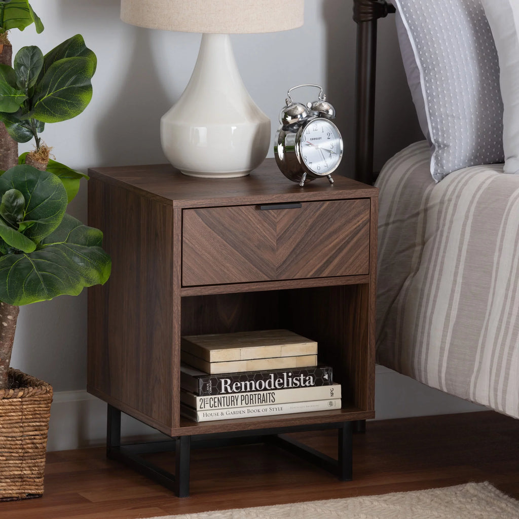 Walnut Brown Wood and Black Metal 1-Drawer End Table L27993