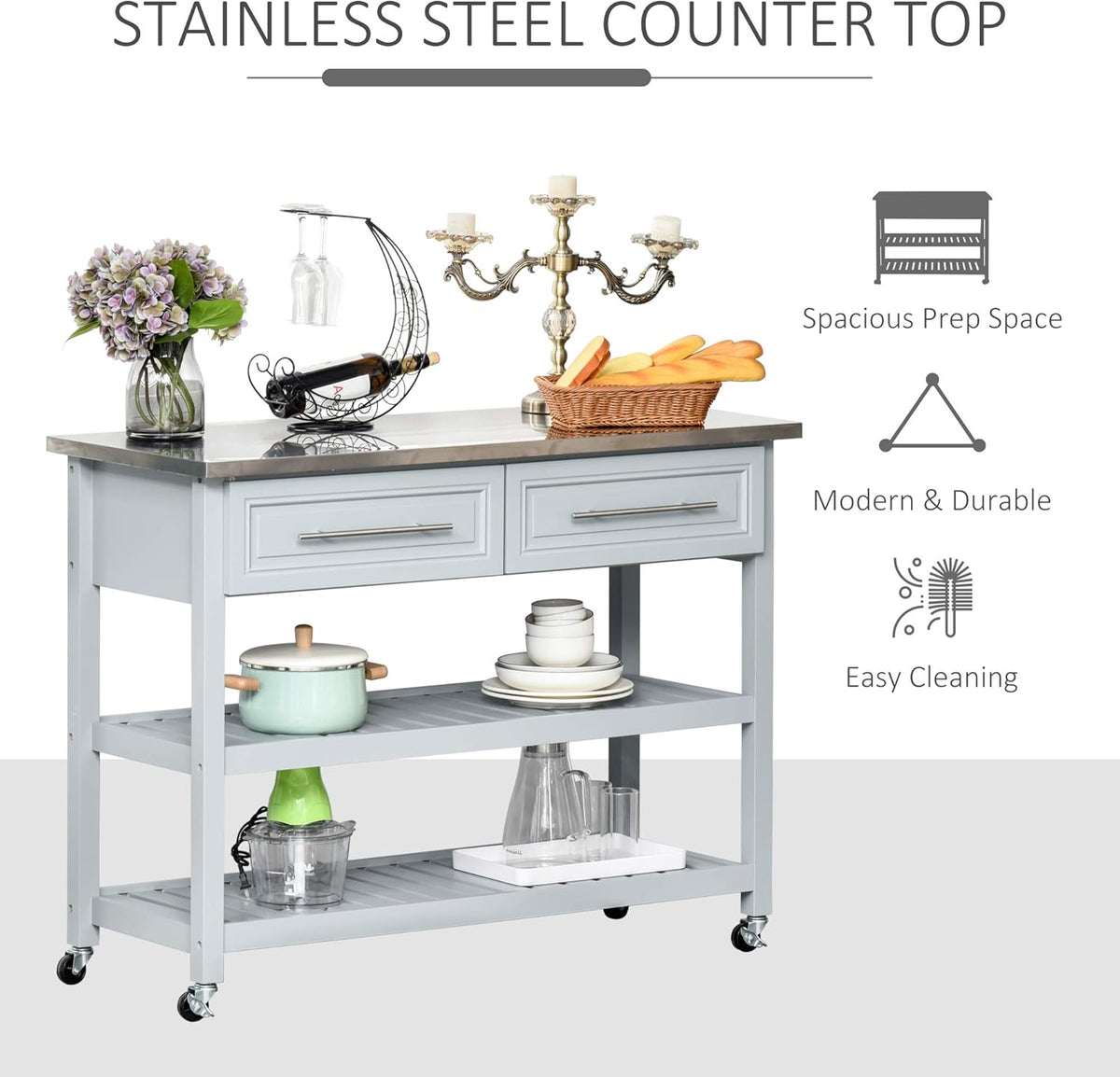 Grey Stainless Steel Top Rolling Utility Cart with Drawers and Shelves T55138