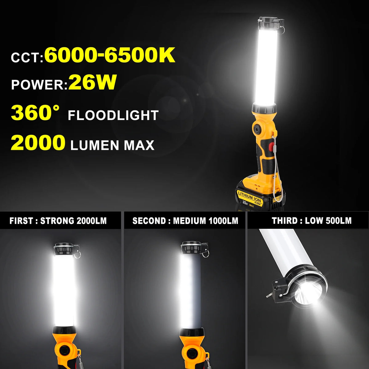 360° Outdoor Camping Lantern with Hooks, 26W 2000LM, for Dewalt 20V Li-ion Battery A18009