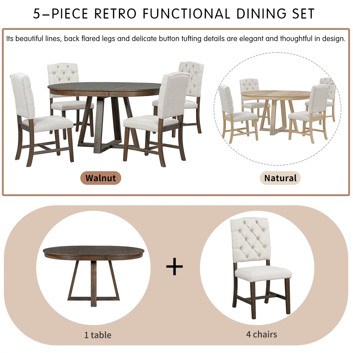 5-Piece Round Dining Set with 4 Upholstered Chairs N84952