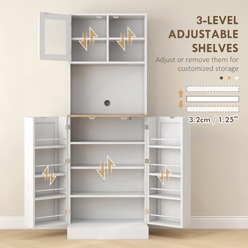 White Kitchen Pantry Cabinet with Microwave Shelf and 8 Door Storage J6451