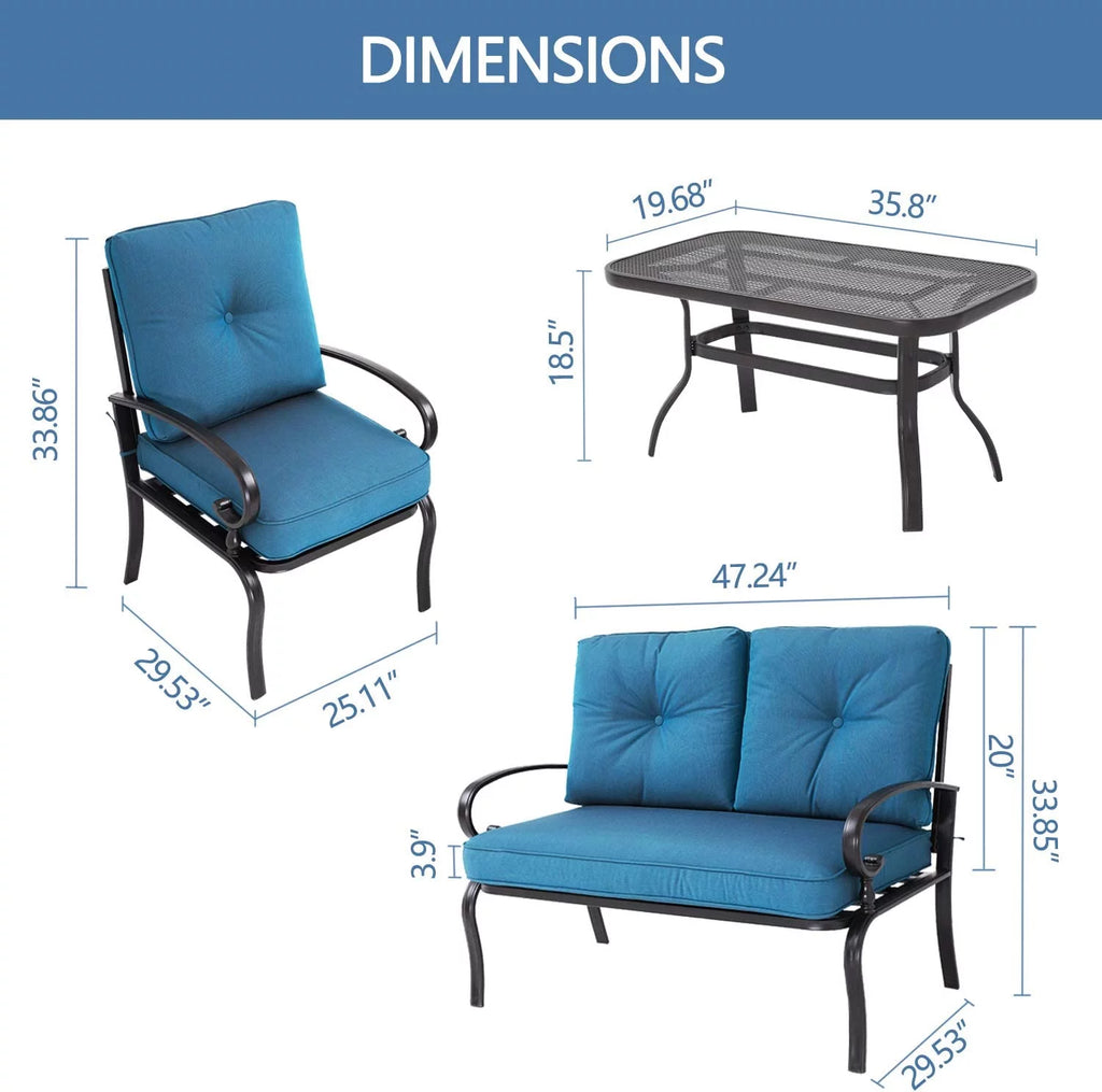 4-Piece Outdoor Furniture Conversation Set with Peacock Blue Cushions Q53515