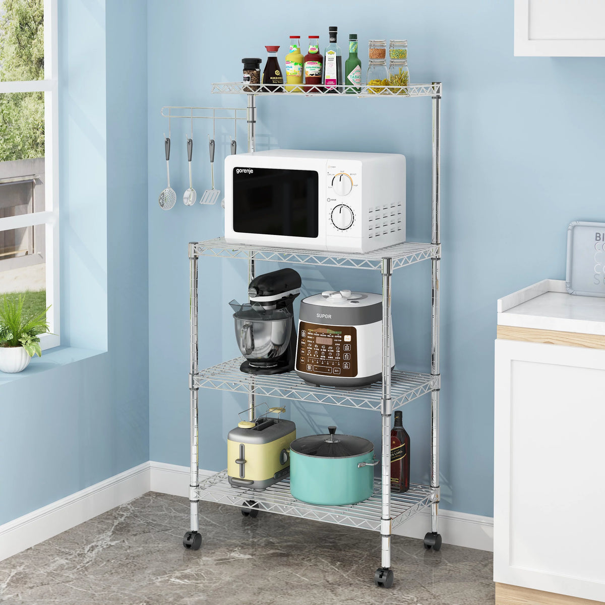 4-Tier Chrome Kitchen Storage Rack with Hanging Hooks U6796