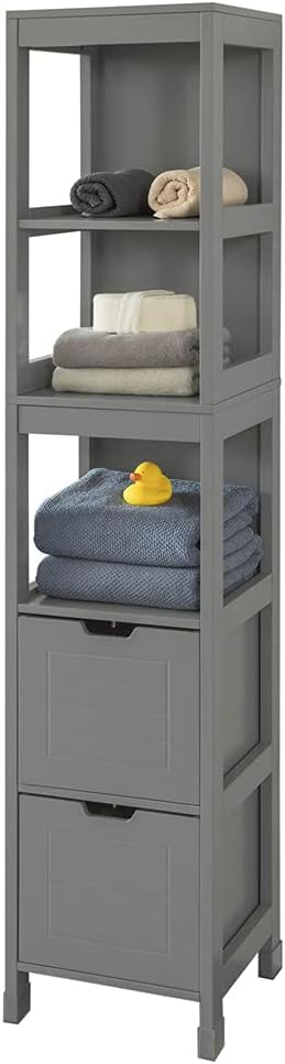 White Floor Standing Tall Bathroom Storage Cabinet with Shelves and Door J433306
