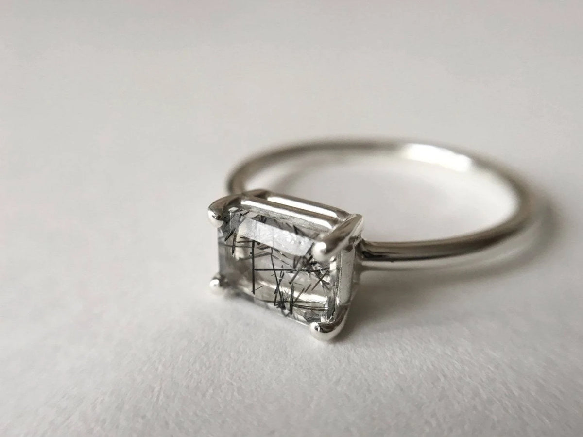 Black Rutilated Quartz Emerald Cut Ring S730