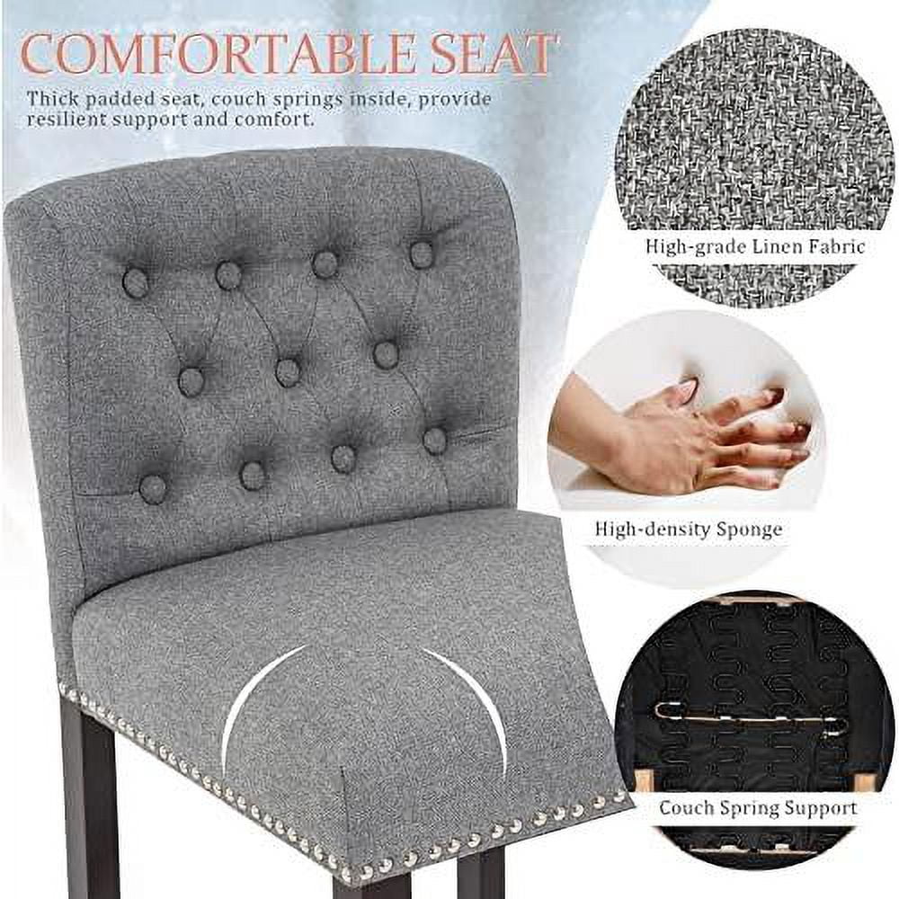 Linen Fabric Button Tufted Bar Stool with Back Solid Wood Legs D22451