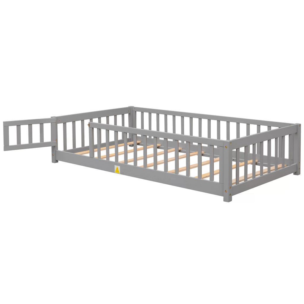 Twin Size Solid Wood Floor Platform Bed with Fence and Door X134