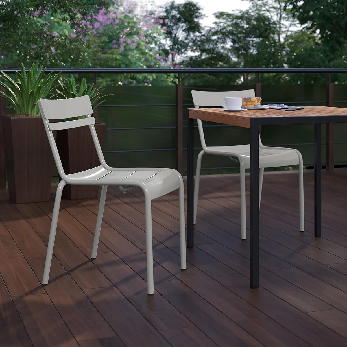 Steel Stack Chair, Indoor-Outdoor Armless Chair With 2 Slat Back In Silver, Set Of 2 J152