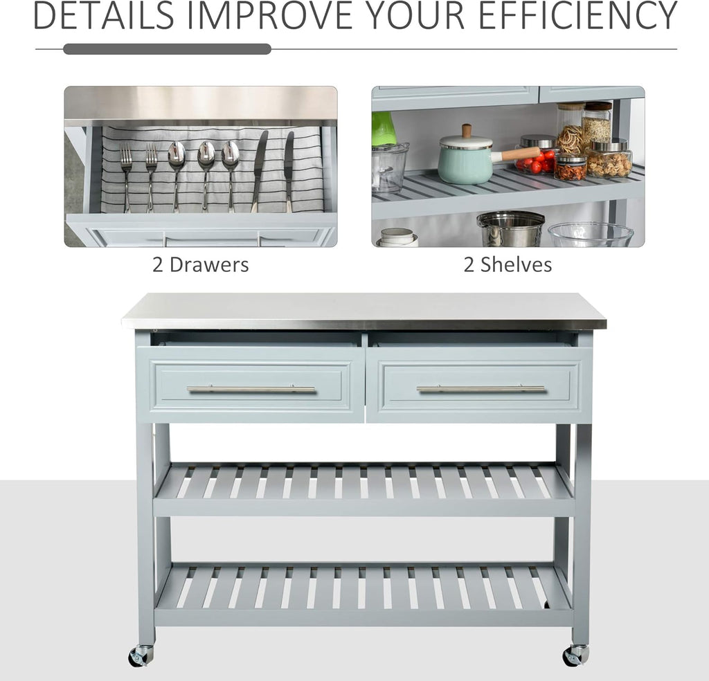 Grey Stainless Steel Top Rolling Utility Cart with Drawers and Shelves T55138