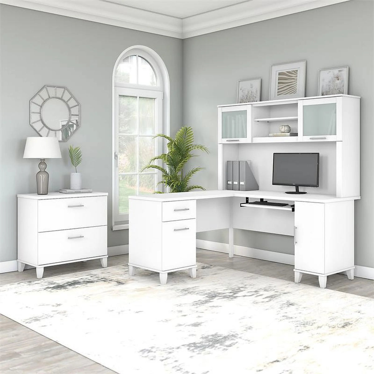 White L Shaped Desk with Hutch & File Cabinet A16681