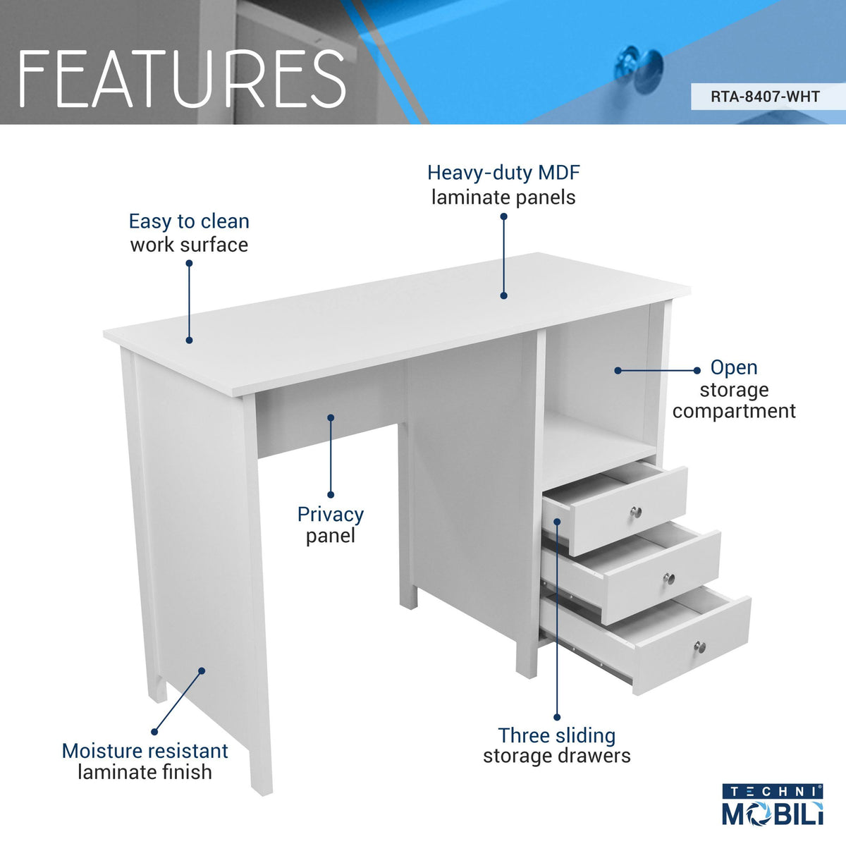 White Desk with 3 Storage Drawers T596062