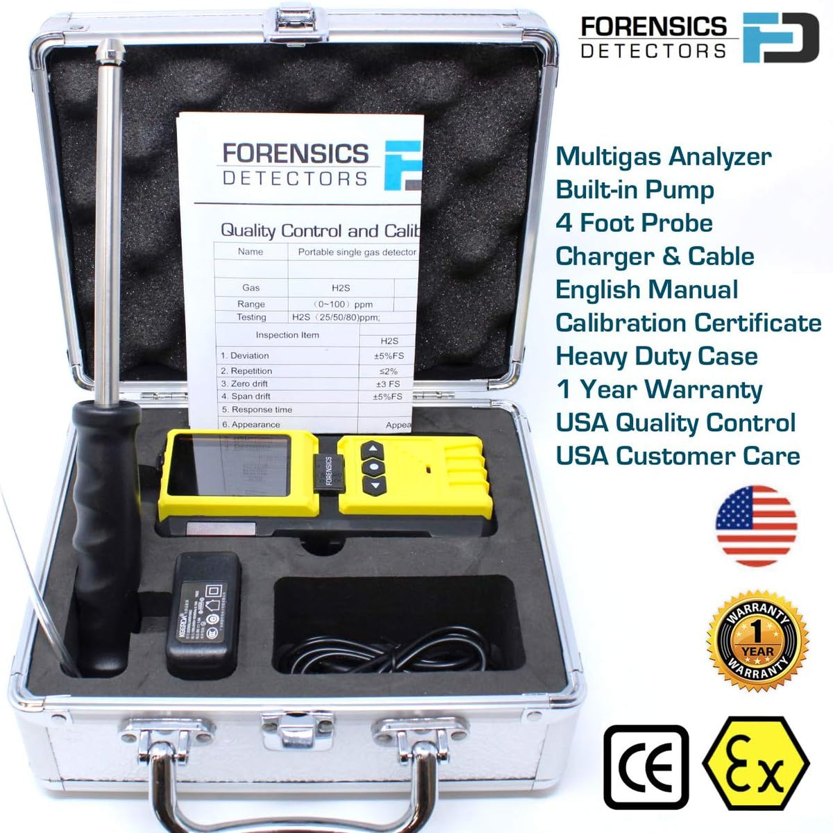 4 Gas Monitor with Built-in Pump, O2 CO H2S LEL, Color Display, Data Logging F3014