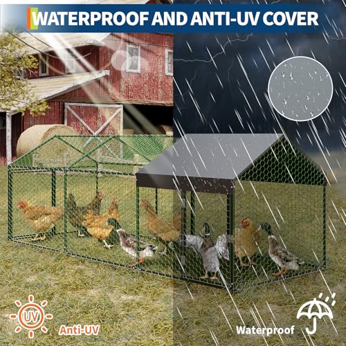 Metal Chicken Coop with Waterproof Cover, 120" x40" x40" Large Chicken Run with 3 Doors, Silver Z41843