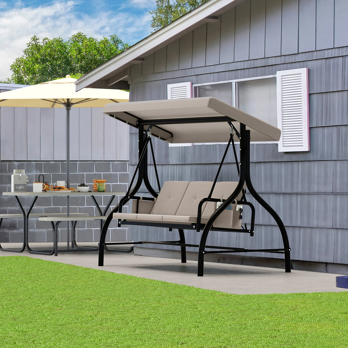 3 Person Patio Swing Chair with Adjustable Canopy and Removable Cushion N942